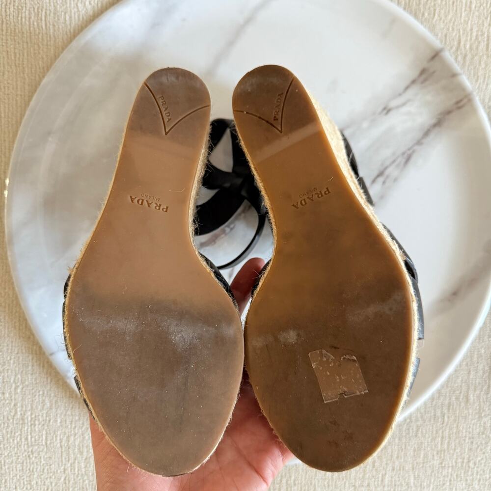 Prada Leather Wedge Espadrilles Black Beige Size 36.5 - Picture 6 of 7